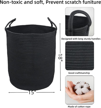 Black Cotton Rope Laundry Basket Hamper for Clothes Woven Storage Basket for Living Room Bedroom Boho Tall Rope Baskets for Blanket Toys Pillow Towels Baby Nursery Hamper Bin Large