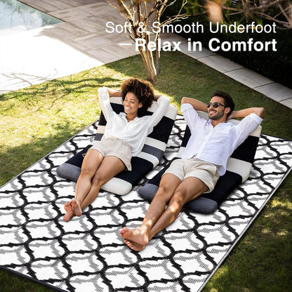 OLANLY Reversible Outdoor Rug 8x10 ft Clearance, Waterproof Outdoor Plastic Straw Rug with Interlacing Pattern, RV Mat for Patio, Camping, Balcony, Deck, Backyard, Black & White