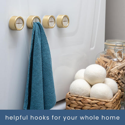 S&T INC. Round Adhesive Push Towel Hooks for Kitchen, Hand and Dish Towels, Brushed Gold, 4 Pack