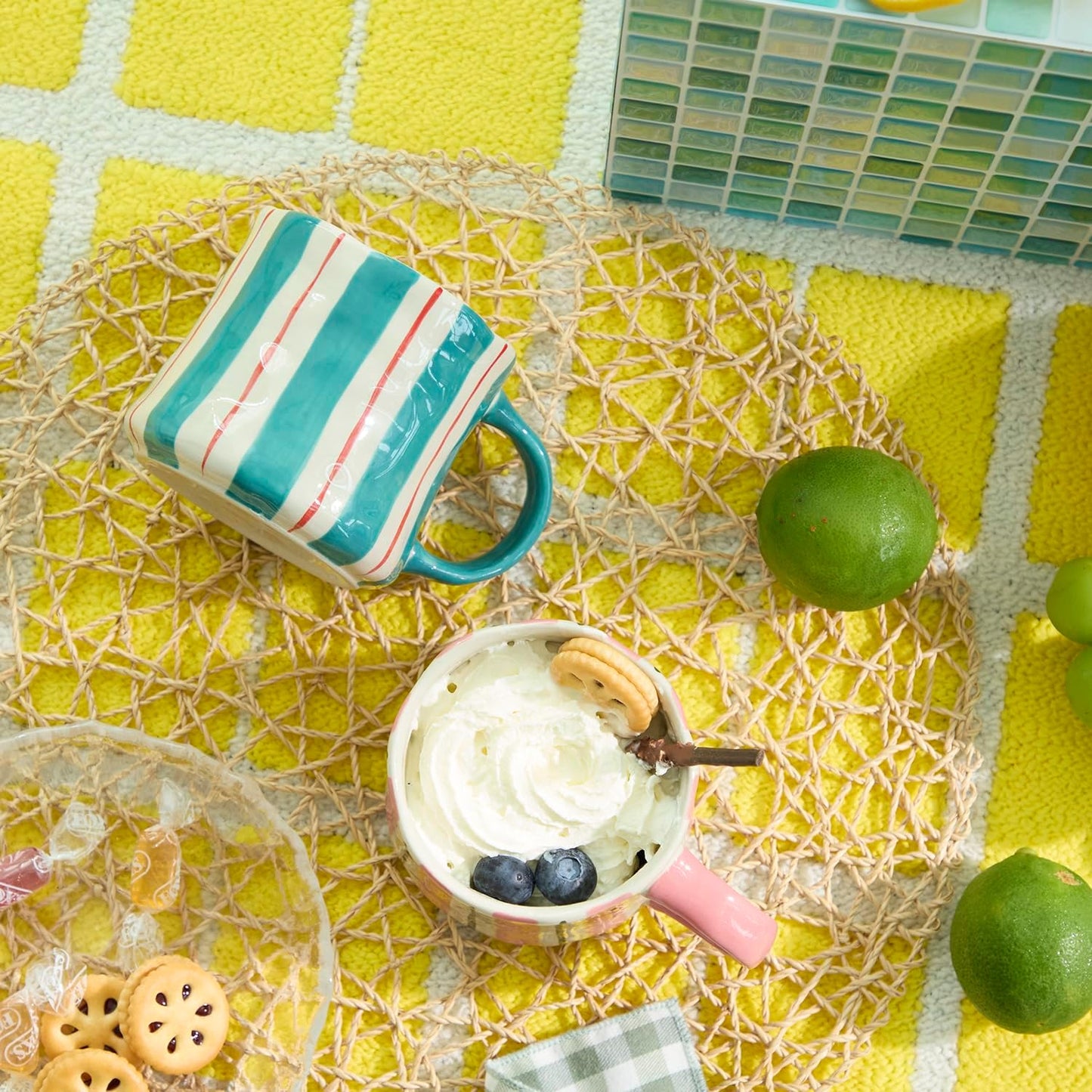 Striped Ceramic Coffee Mugs Set - 2 Pack, Pink & Green，Perfect for Morning Brew or Tea and Cocoa - for Coffee Lovers