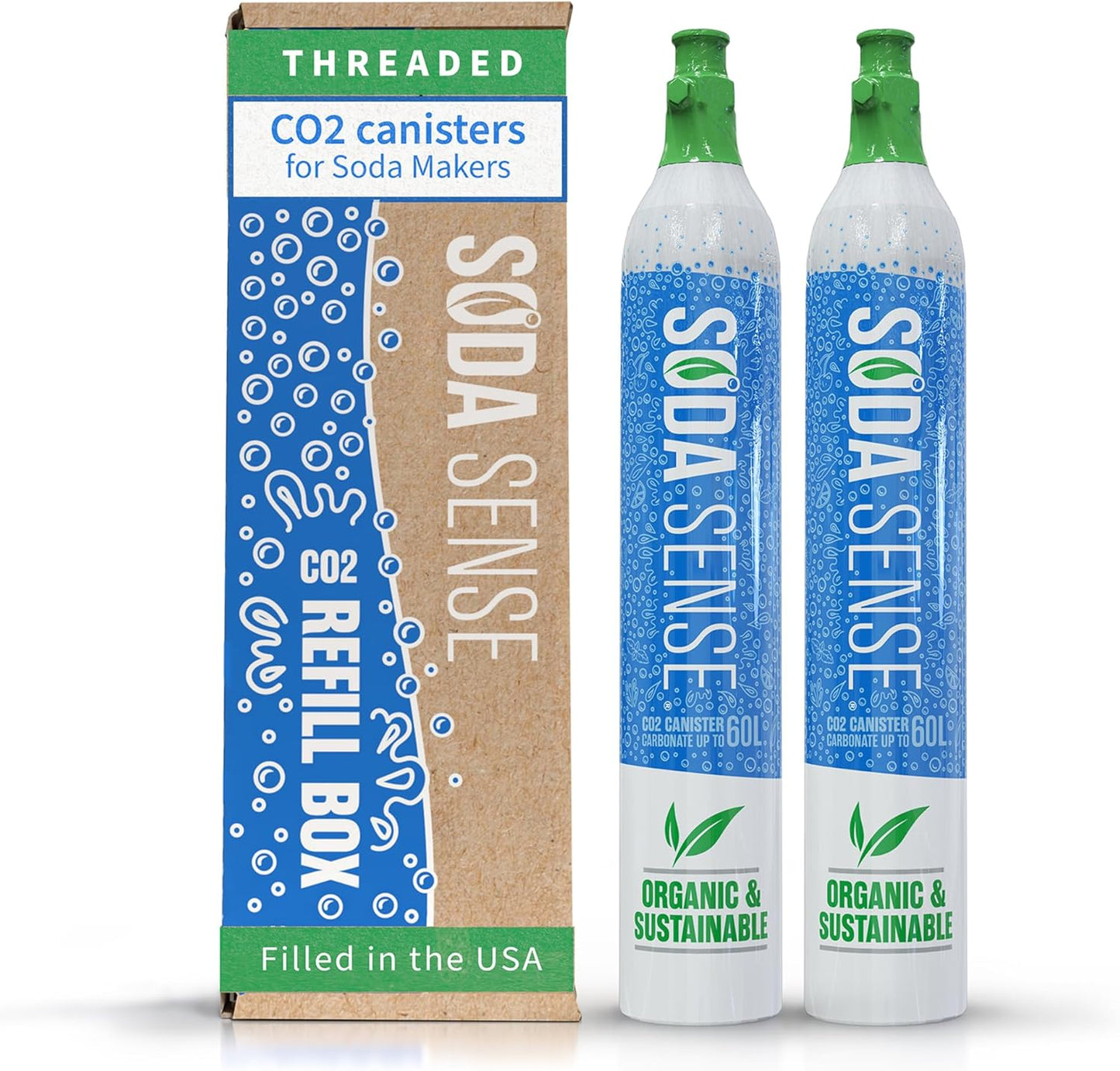 Soda Sense 60L CO2 Exchange Canister - 2 Pack, Threaded Style - Compatible with All 'Screw-In' Soda/Sparkling Water Makers, Including SodaStream BLUE Cylinder Models, Ninja Thirsti, Philips & More