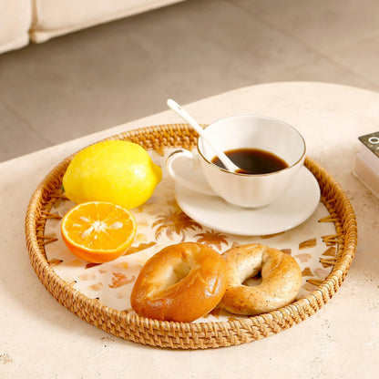 Round Rattan Tray with Mother of Pearl Inlay & Wooden Base - Decorative Wicker Serving Tray for Coffee/Bread/Fruits, Food Storage & Display - Multipurpose Home Decor (M,Island)