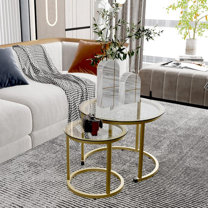 aboxoo Gold Nesting Coffee Table Set of 2, Small Glass Round Nesting Tables for Living Room Bedroom, Accent Tea Table with Metal Frame Modern Industrial Simple
