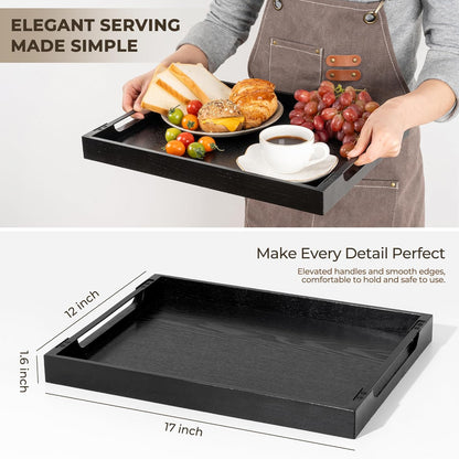 Axeman Wooden Serving Tray with Metal Handles|Ottoman Tray for Breakfast, Bed, Couch|17x13in Ash Wood Coffee Table Trays|Food Drinks Decorative Storage Boards for Ottoman Kitchen, Black