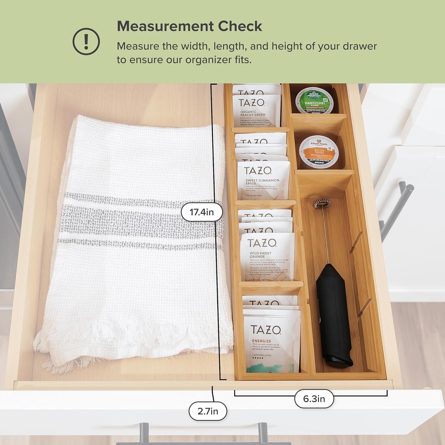Premium Tea Bags and Coffee Pods Drawer Organizer – Small 9-Compartment Design with Removable Wall Inserts, Non-Slip Feet, 100% Sustainable Bamboo