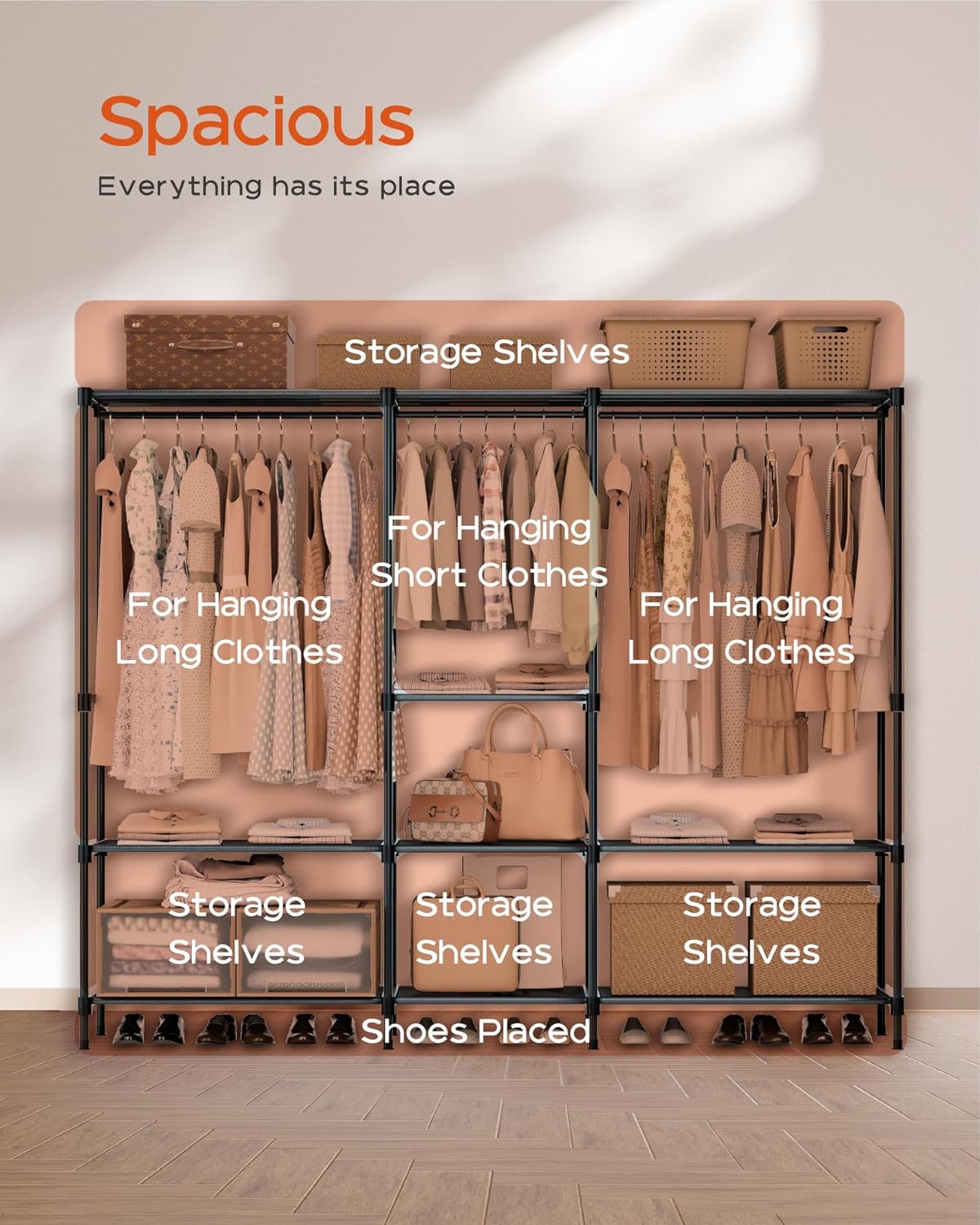 Clothes Rack, Portable Closet, 71.7 Inch Large Capacity Wardrobe Closet, Clothes Storage Organizer with Shelves and 3 Hanging Rods, Easy to Assembly, Black PCT035B01