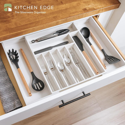 Premium Silverware, Flatware and Utensil Organizer for Kitchen Drawers, Food-Safe Contract Grade, Expandable from 14.5 to 25 In, White Bamboo