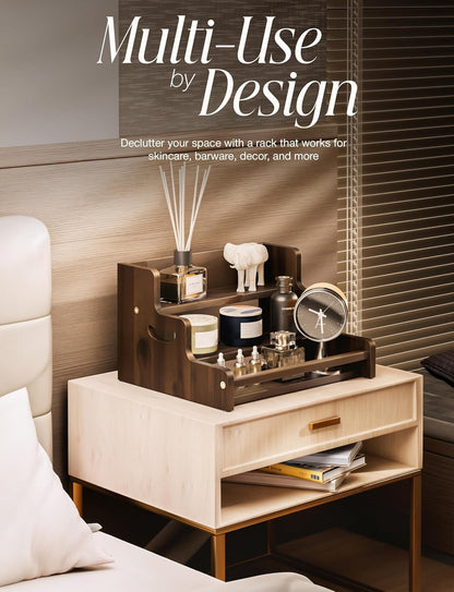 Tinamo Acacia Wood Liquor Bottle Display Shelf – 3-Tier Countertop Wine Rack, Bar Shelf – Whiskey Bar Stand for Home, Bottle Organizer for Countertop – Wine Holder with Handles (Walnut Color)