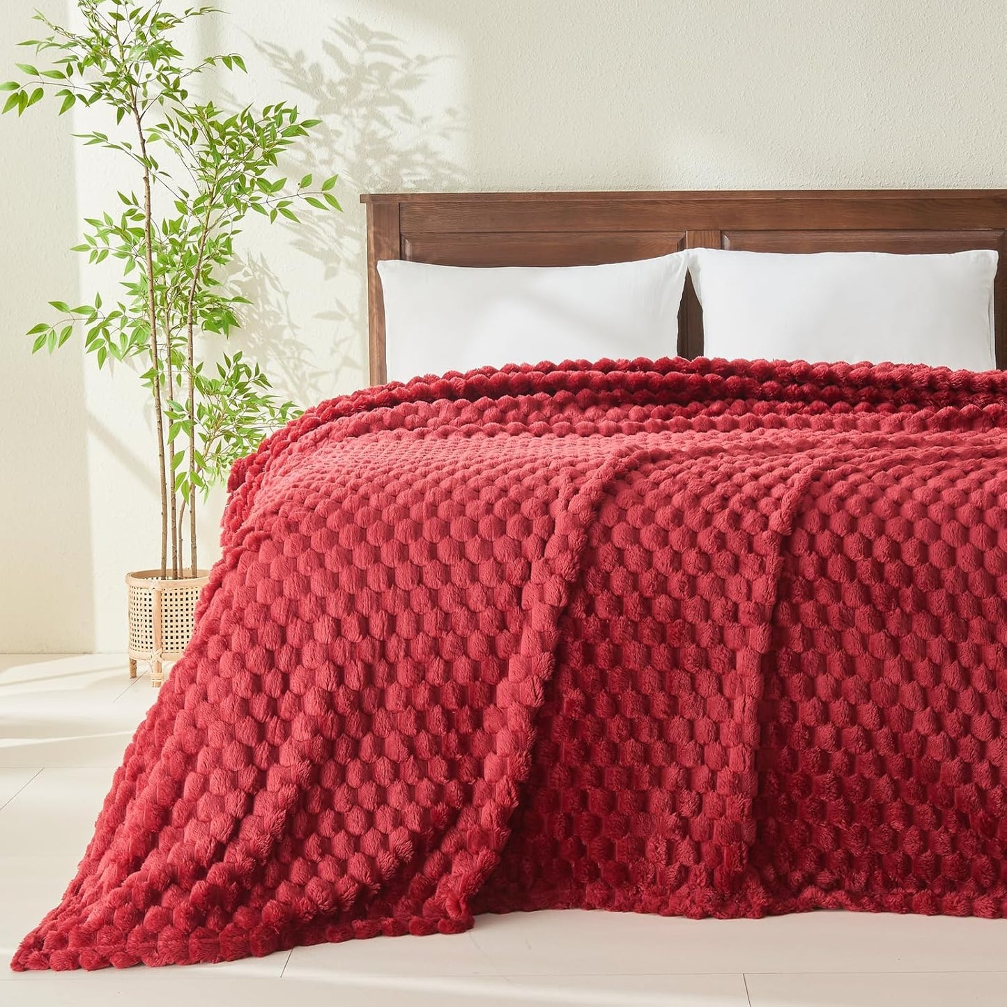 NEWCOSPLAY Super Soft Queen Blanket Red Premium Silky Flannel Fleece 3D Clouds Stylish Jacquard Lightweight Bed Blanket All Season Use 350GSM (Red, Queen(90"x90"))