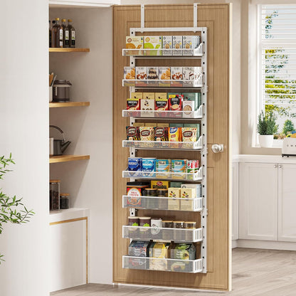 Over the Door Pantry Organizer 8-Tier, Large Metal Door Spice Rack with Adjustable Basket, 2 in 1 Wall Mount or Hanging Heavy-Duty Pantry Door Storage Shelf for Kitchen and Bathroom, White