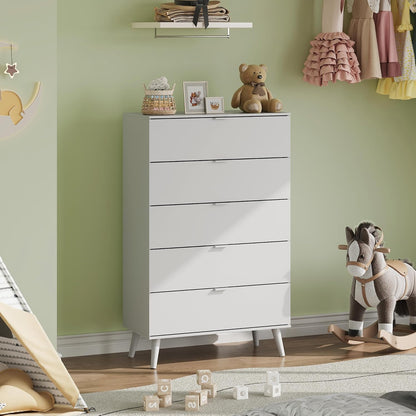 WLIVE 5 Drawer Dresser for Bedroom, Tall Wood Dresser, White Dressers Storage Organizer with Sturdy Metal Handle, Chest of Drawers for Living Room, Hallway, Closet