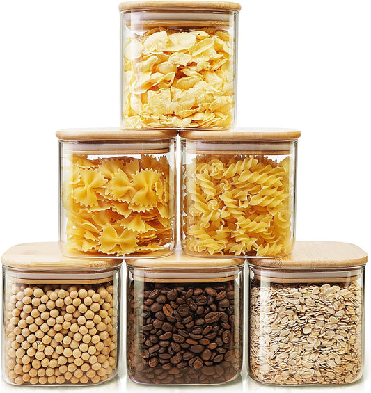 Square Glass Jars with Bamboo Lids 27 FL OZ [Set of 6], Glass Canisters with Airtight Lids, Glass Food Storage Containers for Coffee, Sugar, Tea, Candies, Cookies,Best for Kitchen & Pantry