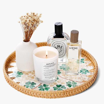 Round Rattan Tray with Mother of Pearl Inlay & Wooden Base - Decorative Wicker Serving Tray for Coffee/Bread/Fruits, Food Storage & Display - Multipurpose Home Decor (M,Four-Leaf Clover)