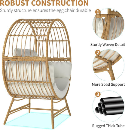 Egg Chair Outdoor Indoor, Oversized Rattan Chair with Thicken Cushion, 350LBS Capacity Wicker Patio Lounge Chair, Basket Chair for Living Room Balcony Porch Backyard, Beige