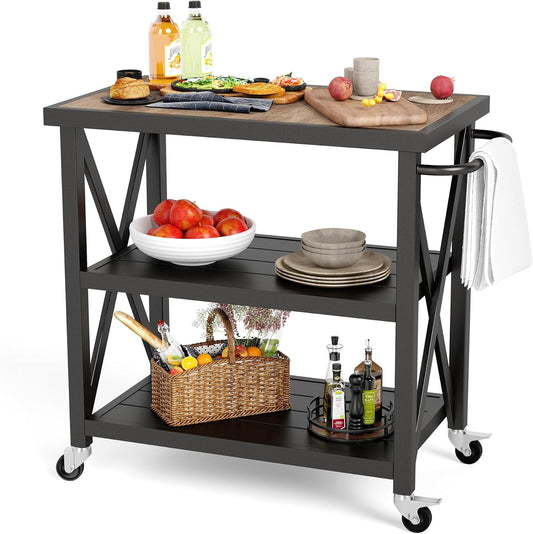 PHI VILLA Outdoor Grill Table, Elegant Grill Cart with Ceramic Wood Grain Table Top, Serving Cart with Shelves, Patio Grilling Backyard BBQ Grill Cart, Black