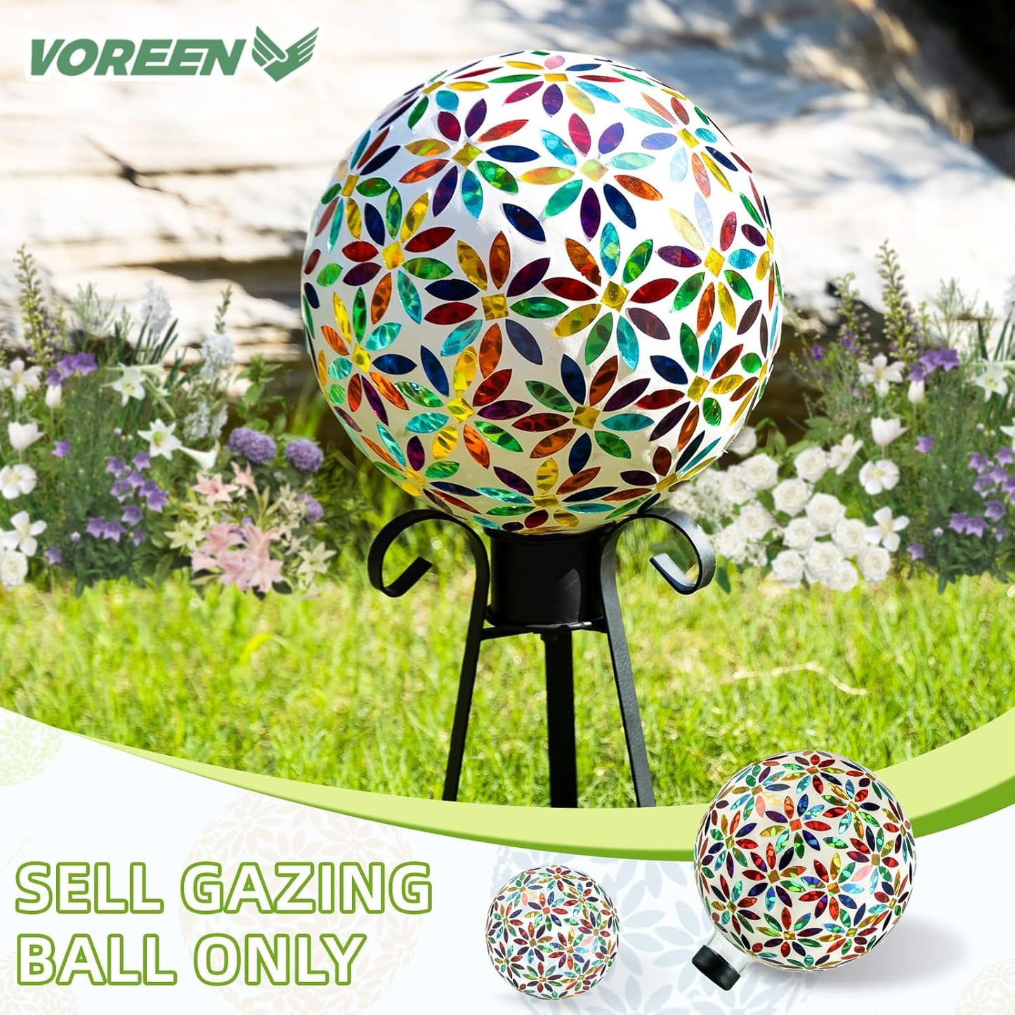 VOREEN Mosaic Glass Gazing Ball Outdoor Gazing Globe, Reflective Ball Yard Decoration for Homes, Patio, Lawn and Gardens, Gift for Mom Wife Friend, 10-Inch, Multi Colored Flowers Design