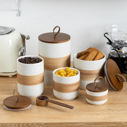 Ceramic Jar with Lid, Coffee Container Kitchen Food Storage Jars for Spice Sugar Tea Bag, Stackable Decorative Jars for Countertop, White & 18oz