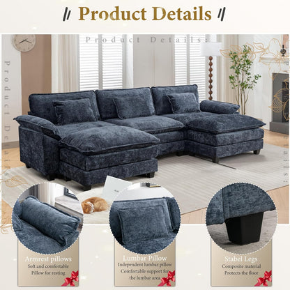 URRED Modular Sectional Sofa Comfy Cloud Couch, Modern Chenille Sofa Sleeper Deep Seat Couches with Ottoman/Pillows for Living Room (Blue, 117'' - U Shape)