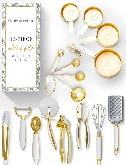 Styled Settings White and Gold Kitchen Utensils Set – 16-Piece Silicone Cooking Utensils with Measuring Cups and Spoons