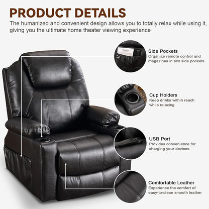 SALOHZA Power Lift Recliner Chair for Elderly with Massage and Heat for Living Room, Electric Recliner Chair for Adults with USB/Type C Port/Cup Holders, PU Faux Leather, Black
