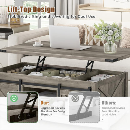 48" Farmhouse Lift Top Coffee Table with Storage Sliding Barn Door & Large Hidden Compartment, Coffee Table with Lifting Top with Wooden Lift Tabletop, Coffee Tables for Living Room, Grey