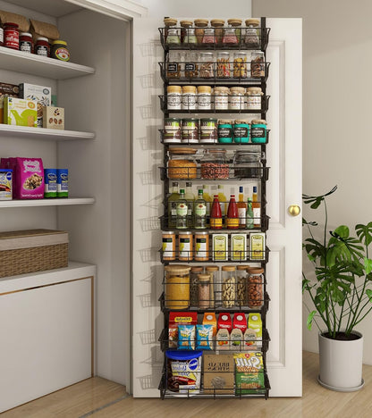 10-Tier Over The Door Pantry Organizer, Pantry Organization and Storage, Black Metal Hanging Adjustable Basket, Wall Spice Rack Seasoning Shelves, Home & Kitchen Essentials