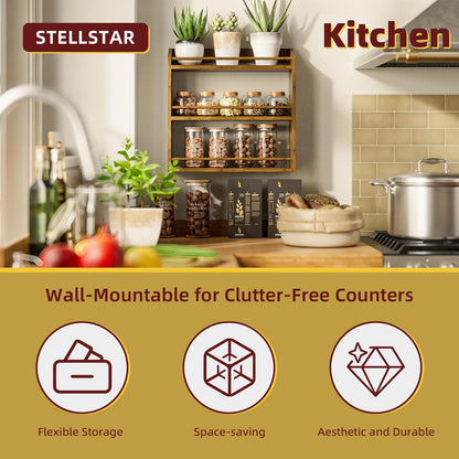 Spice Rack for Countertop, Bamboo Seasoning Jars Organizer Rack Shelf Wall Mounted, 15.83" W x 4.96" D x 15.75" H (Walnut)