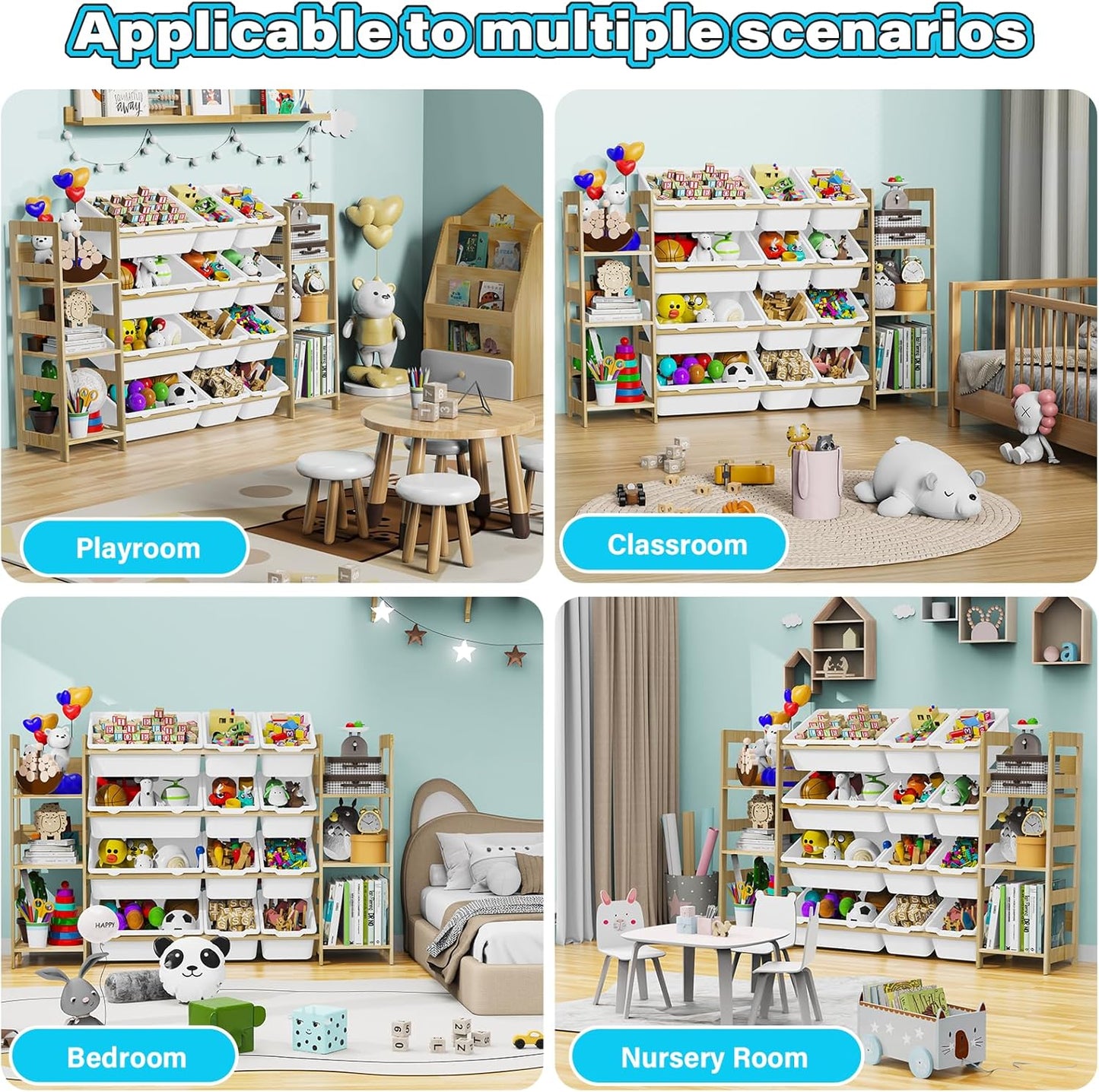 Toy Storage Organizer, with 4-Tier Toy Shelf and 12 Bins, Kids Bookshelf and Toy Storage with 6 Shelves for Kids Room Bedroom Playroom Nursery Room