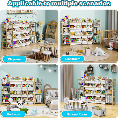 Toy Storage Organizer, with 4-Tier Toy Shelf and 12 Bins, Kids Bookshelf and Toy Storage with 6 Shelves for Kids Room Bedroom Playroom Nursery Room
