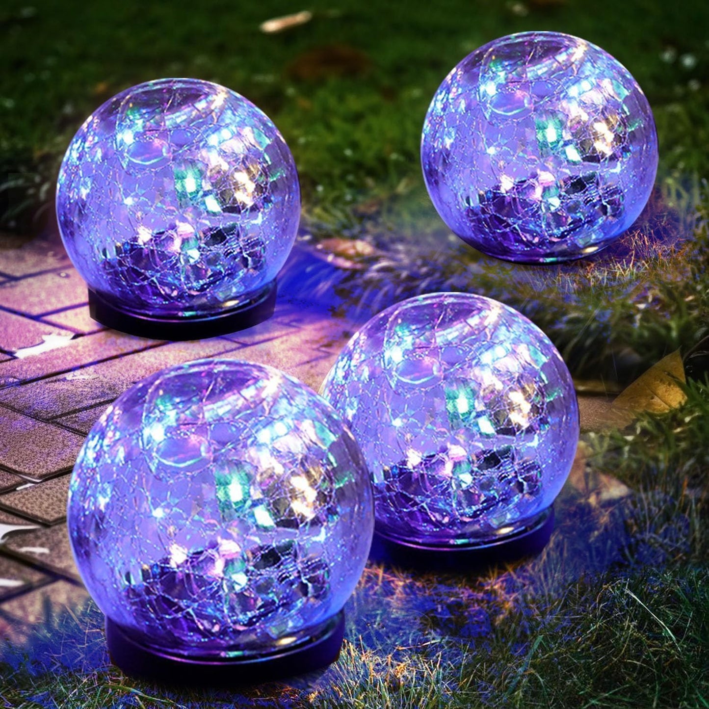 Solar Garden Lights Outdoor Waterproof, 4 Pack Cracked Glass Ball Light, Ground Landscape Garden Decor, Solar Globe Decorative for Pathway/Patio/Lawn/Yard (Multicolor, 4.7")