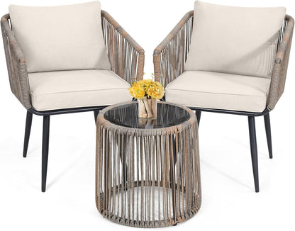 Kromax 3 Pieces Patio Rattan Bistro Conversation Set, Outdoor All-Weather Wicker Furniture Chairs and Side Table Set Ideal for Balcony, Porch and Backyard, Beige