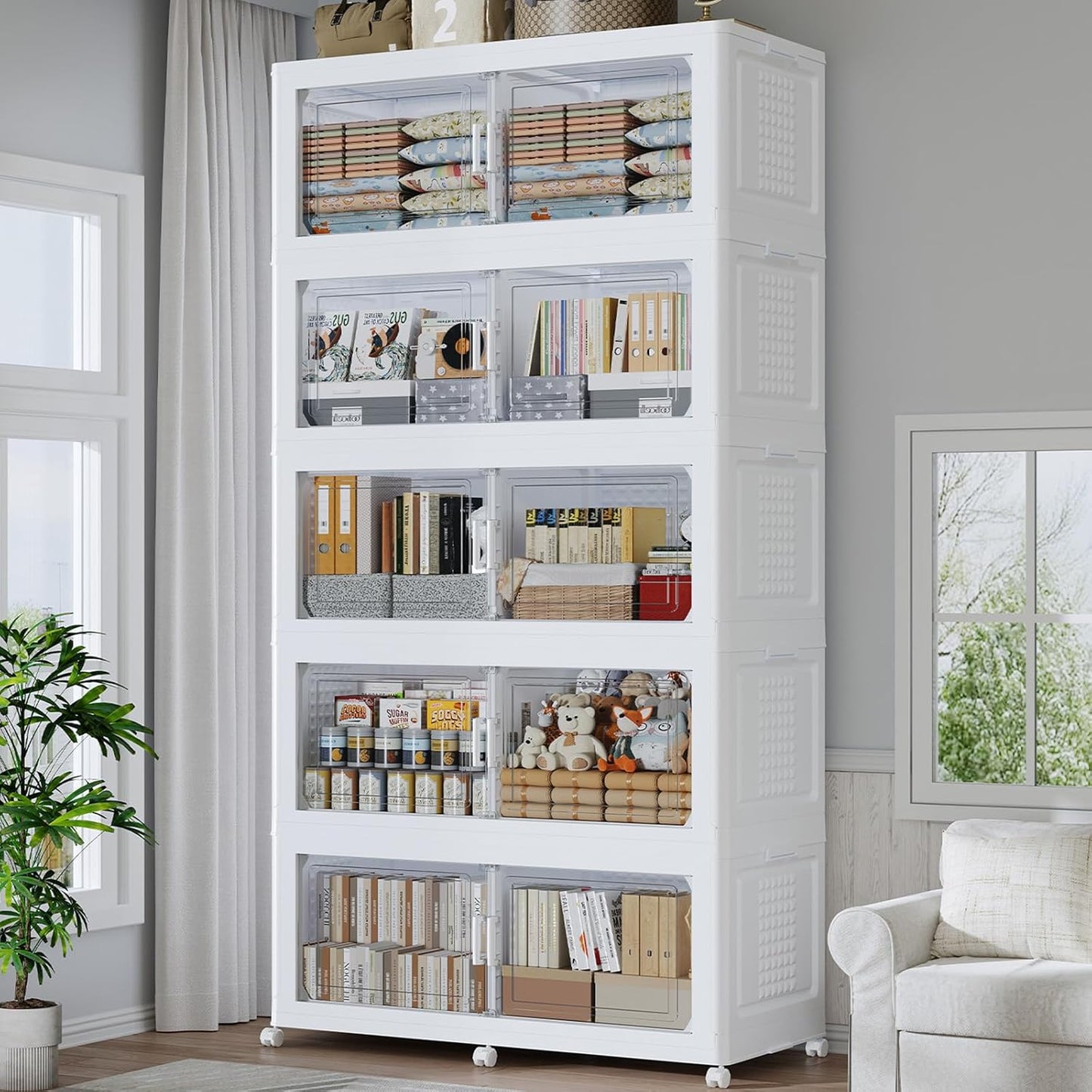 200GAL Extra Large Storage Bins with Lid, 800Qt Stackable Closet Organizers and Drawers, Collapsible Storage Bins with Wheels, Folding Storages Cabinet for Home Bedroom Office, 5Pack White