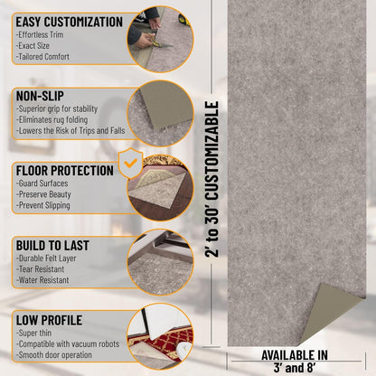 Ottomanson 2' x 3' Non-Slip Rug Pad Gripper 1/4 Inch Thick Dual Surface Felt + Rubber Gripper - Safe for All Floors, Brown