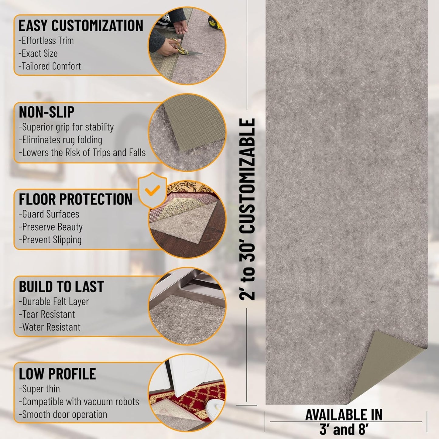 Ottomanson 8' x 12' Non-Slip Rug Pad Gripper 1/4 Inch Thick Dual Surface Felt + Rubber Gripper - Safe for All Floors, Brown