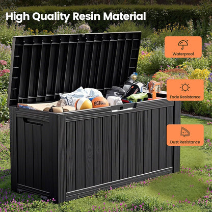 75 Gallon Outdoor Storage Box - Waterproof Resin Deck Box for Patio Cushions & Garden Tools - Lockable Indoor/Outdoor Storage Bin - Sleek Black Design