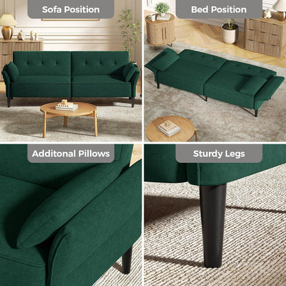 89” Futon Sofa Bed, Velvet Fabric Comfy Futon Couch Bed with 2 Square Pillows, Convertible Sleeper Sofa with Adjustable Backrest& Armrests, Modern Loveseat Sleeper for Living Room, Bedroom