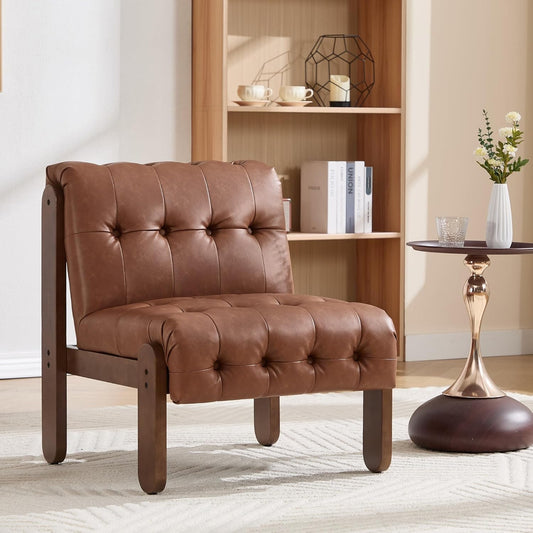 Modern Armless Accent Chair for Living Room, Brown PU Leather Button Tufted Upholstered Lounge Reading Chair with Walnut Wood Frame