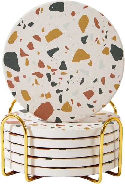 Terrazzo Drink Absorbent Coasters with Holder Set of 6, Ceramic Coaster for Drinks, Coffee Table Decor, Water Absorbing Stone Coaster for Drinks (Sunset)