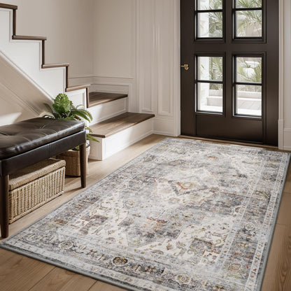 AMOAMI-3X5 Area Rug-Soft Washable Vintage Throw Accent Rugs for Living Room, Entryway, Bedroom, Kitchen, Bathroom, Laundry Room, Kitchen, Bathroom, Bedside, No Slip Grey