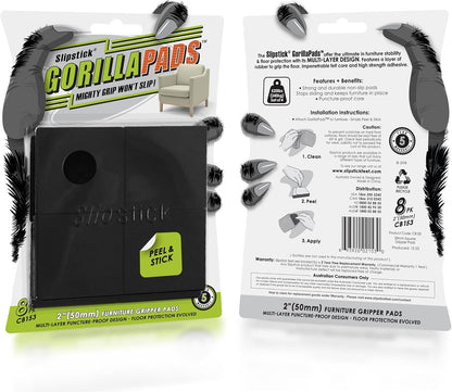 Slipstick GorillaPads Non Slip Furniture Pads/Gripper Feet Floor Protectors (Set of 8) Premium 2 Inch Square Self Adhesive Rubber Stoppers for Furniture Legs