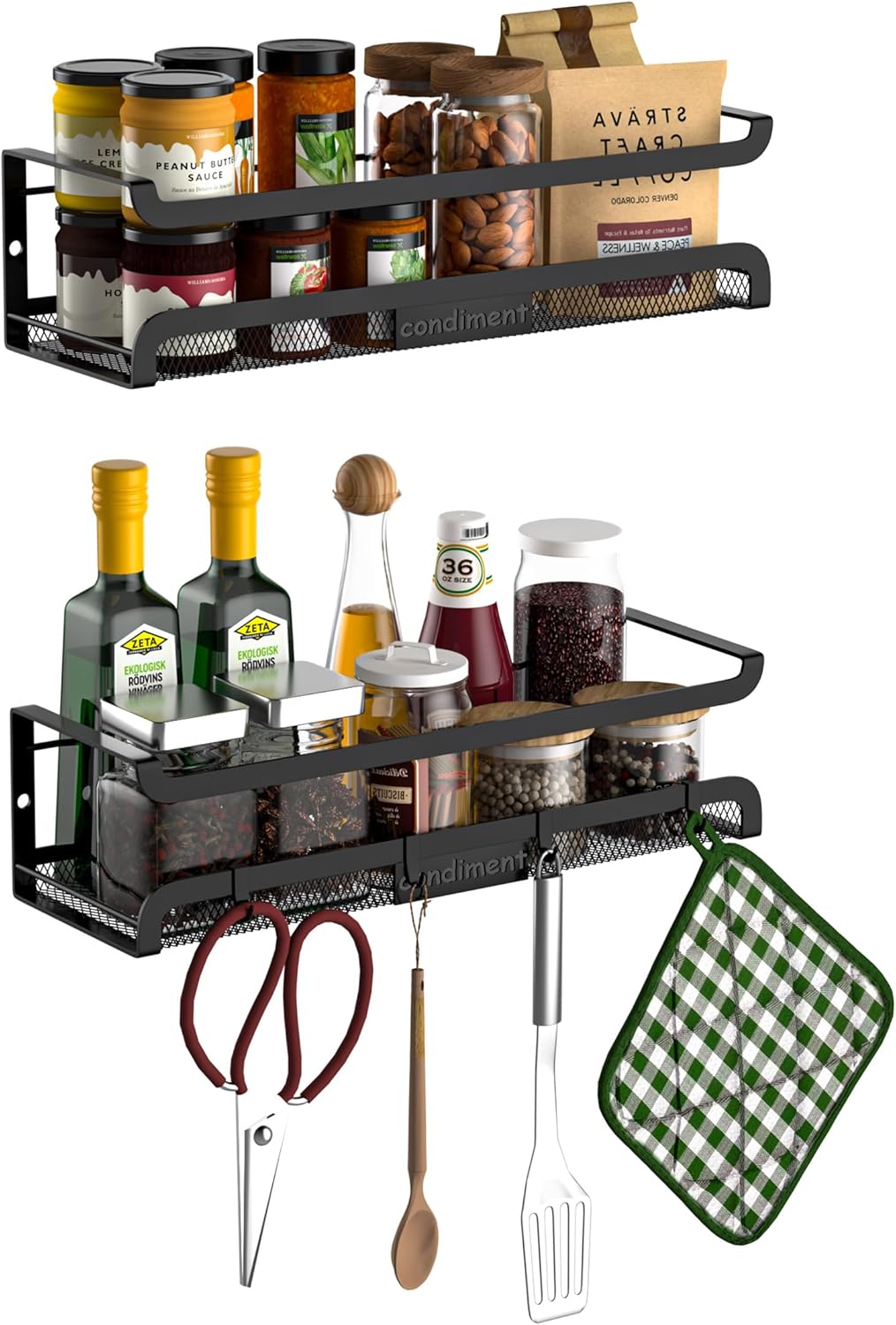 Spice Rack Wall Mount with Hooks - Spice Racks Organizer for Cabinet Storage, Wall Mounted Hanging Shelf Seasoning Organizer, for Kitchen, Pantry Door, Bathroom (Black, 2 Pack)