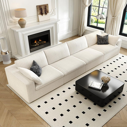 157.5" Cloud Couch Modular Sectional Sofa for Living Room,Modern Sofa with Deep Seat，4 Seater Boneless Couch,Comfy Upholstered Corduroy Couches for Apartment, Studio, Office,Bedroom，White