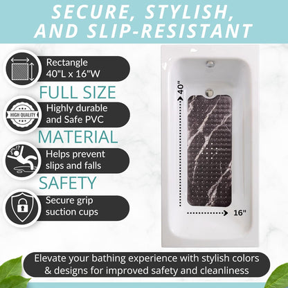 ENKOSI Bath Mat – Large 40 x 16 Inch Non-Slip Bathtub Mat with Secure Anti-Slip Suction Cups & Drain Holes – Extra Long Bathroom Shower Mat for Tub with Black Marble Design (Black Marble 40x16)