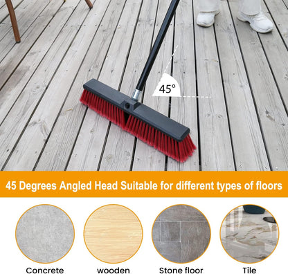 18 inches Push Broom Outdoor Garden Broom with 63" Long Handle for Deck Driveway Garage Yard Patio Concrete Floor Cleaning(Red)