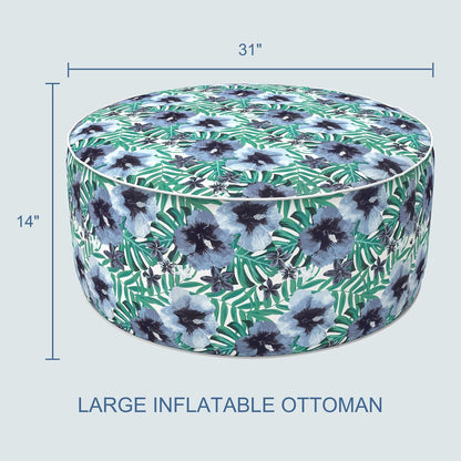 LVTXIII Indoor/Outdoor Inflatable Ottoman, D31 x H14 Inch Large Round Ottoman, All Weather Foot Rest Stool, Portable Footrest for Patio, Garden, Camping and Home - Blue Salmone Tropical