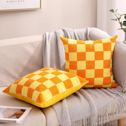 Alysheer Checkered Embroidered Decorative Throw Pillow Covers 18"x 18" Set of 2, Farmhouse Boho Orange Yellow Plaid Tufted Patterned Cotton Canvas Cushion Case for Sofa Couch Bed Living Room Outdoor