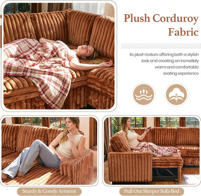 Belffin Corduroy Sleeper Sofa Bed with Storage Chaise Modular Sectional Sofa Couch with Pull Out Bed L Shaped Sectional Couches for Living Room Brick Red Couch