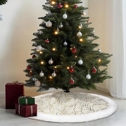 White-Gold Christmas Tree Skirt, White Faux Fur Plush Trim, Embellished with Golden Branches Pattern, Big Thick Velvet Xmas Tree Mat for Home Decoration, Gold Santa Skirt for Trees