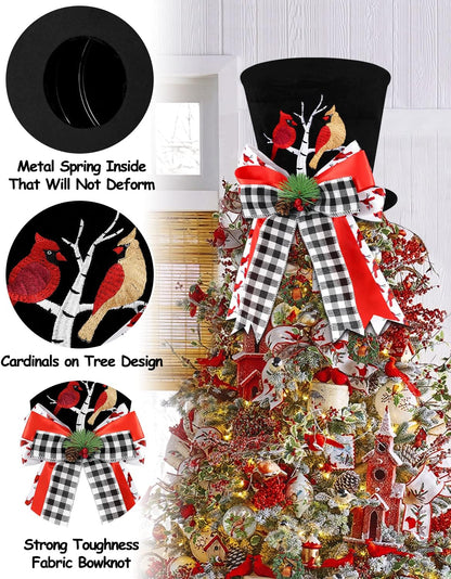Cardinal Christmas Tree Topper Top Hat with Buffalo Plaid Check Bows Xmas Couple Cardinals on Tree Ornament Winter Holidays Home Decoration Memorial Sympathy Gift for Him Her
