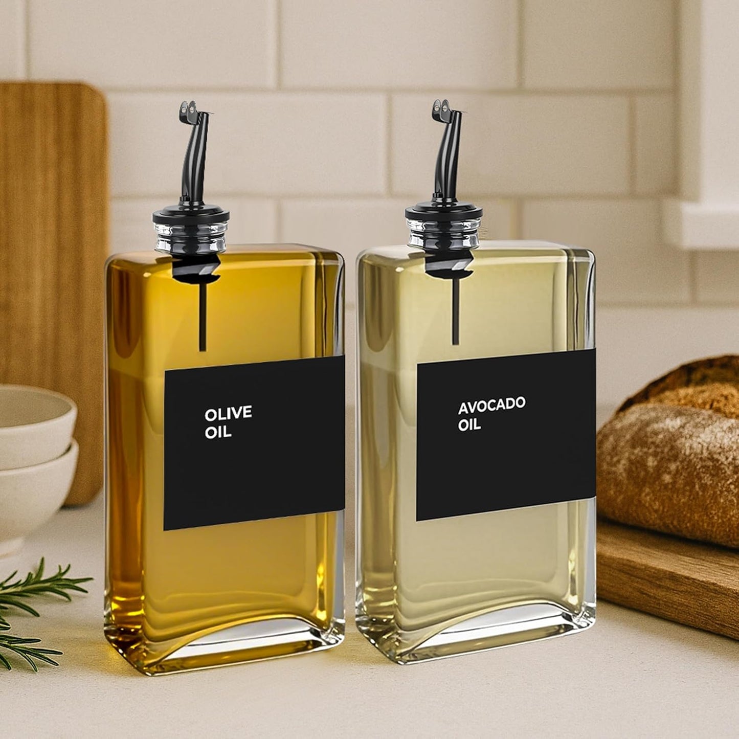 Olive Oil Dispenser Bottle - Includes 44 Kitchen Essential Labels - Cooking Oil Bottles for Kitchen, Coffee Syrup Dispenser - Pourer Spout with 11.8 fl oz Glass Container Cruet - 2pcs, Black